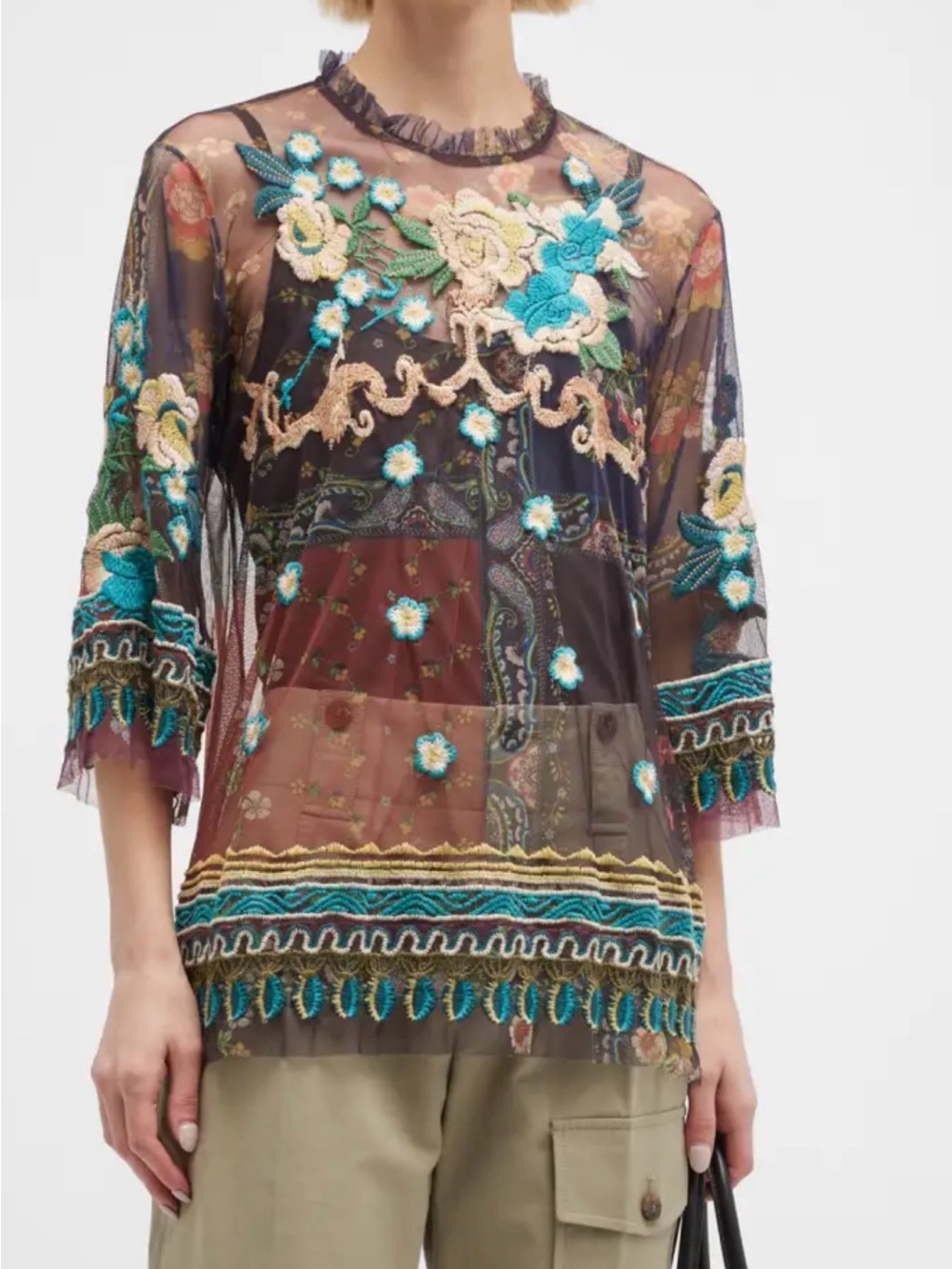 Johnny Was Renley Floral-Embroidered Mesh Blouse